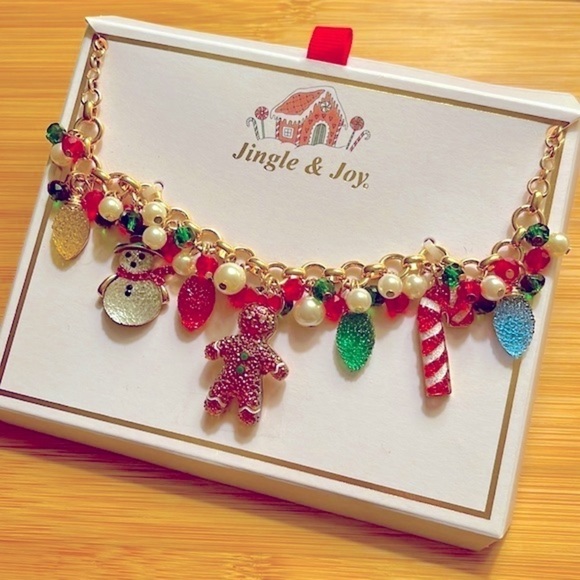 Brand New Christmas Charm Necklace Gingerbread Snowman Candy Cane Baubles - Picture 1 of 10